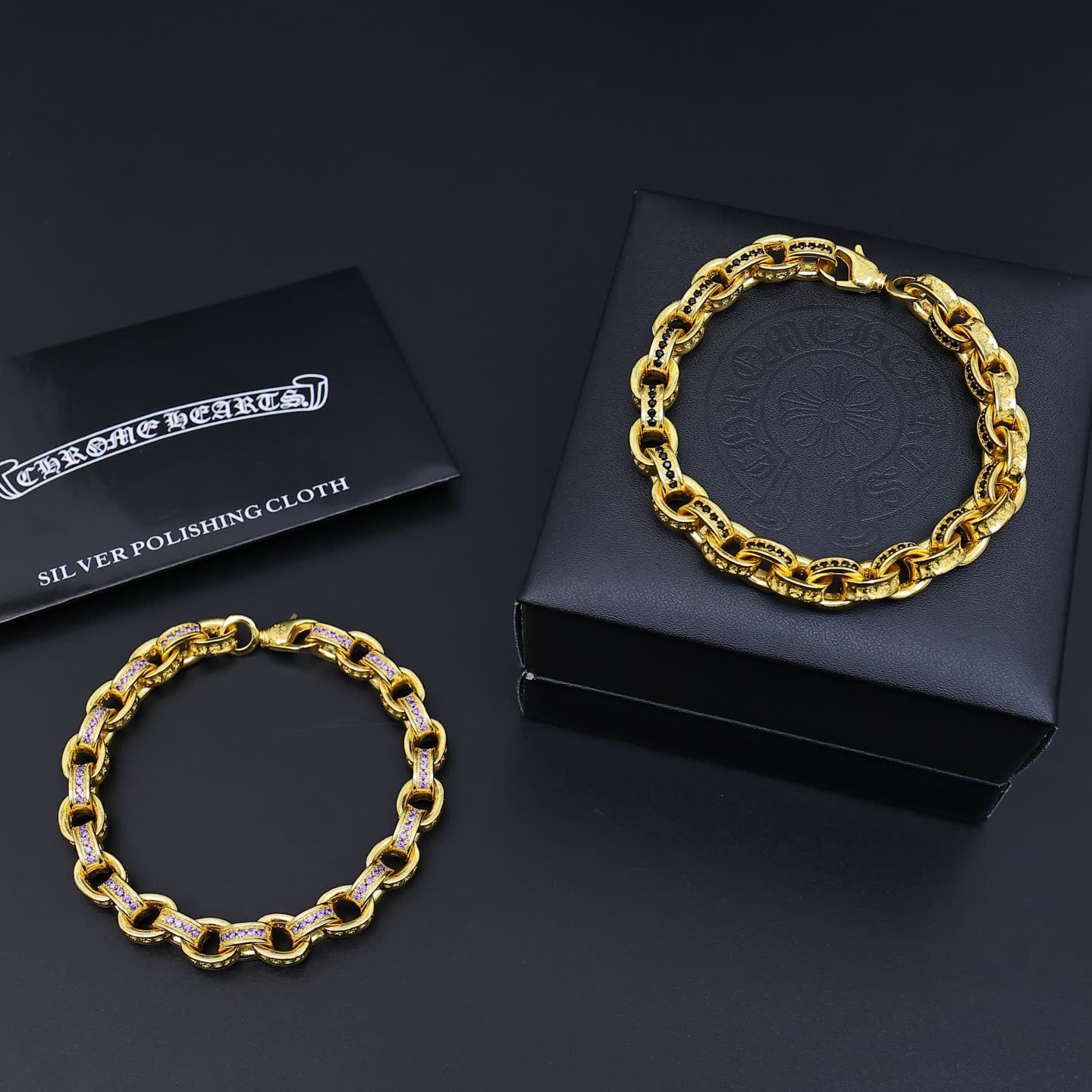 Chrome Hearts Gold Bracelet with Black and Purple Stones Chrome Hearts Gold Bracelet with Black and Purple Stones